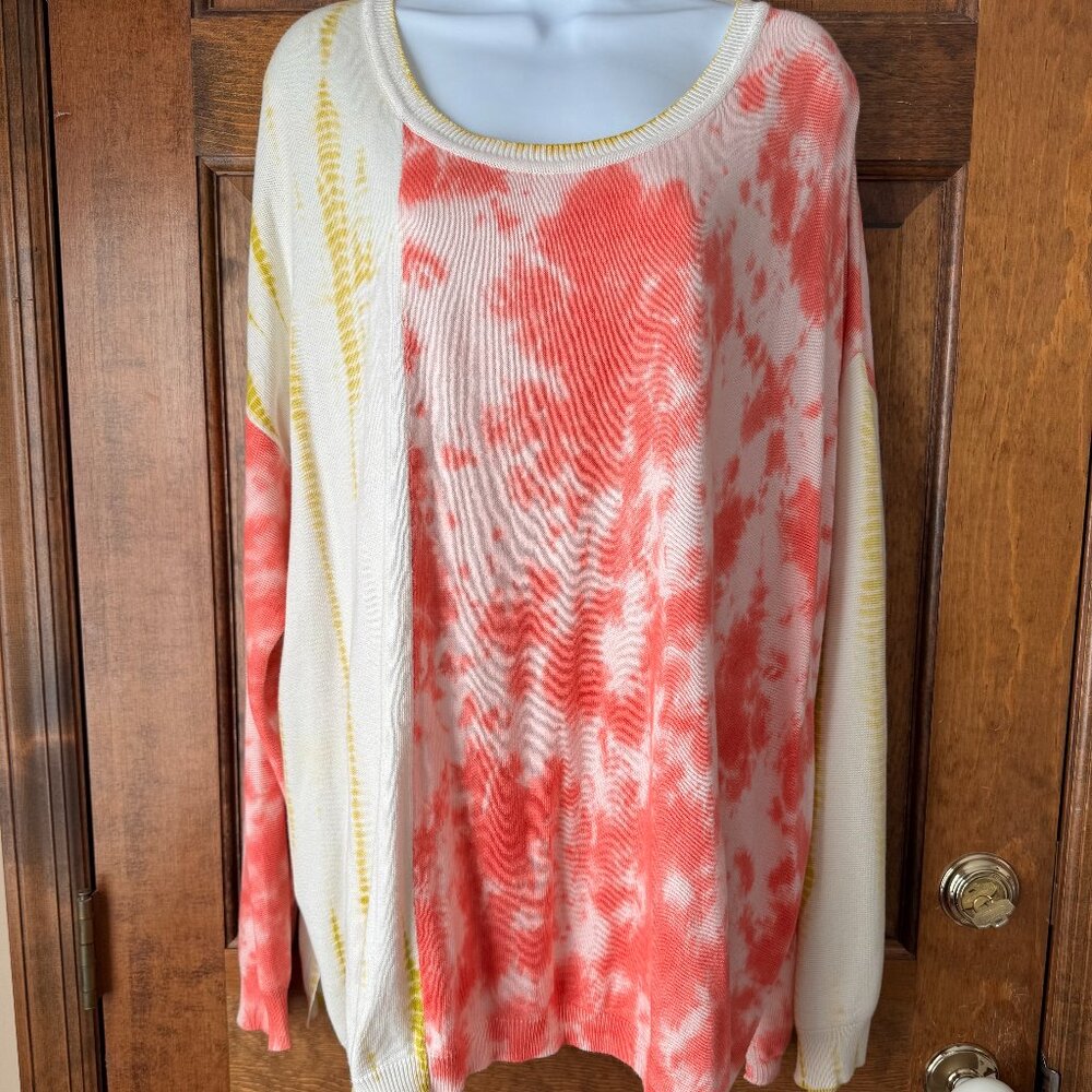 Soft Surroundings Ivory w/Coral & Green Drop Shoulder Tunic Sweater Size 2X